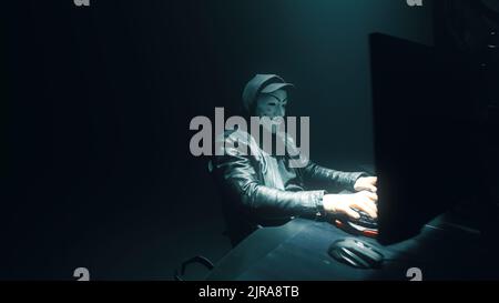 Concept cyber attack of a masked hacker breaking into a corporate data servers from his underground hideout, the place has a dark atmosphere, multiple screens. Stock Photo