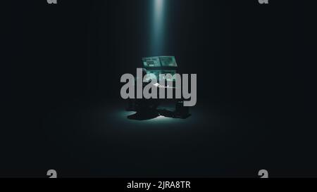 Minimalistic concept shot of male hacker using computer to access private data while sitting under spotlight in darkness Stock Photo