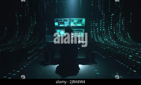Minimalistic concept of alone hacker programmer surrounded by green programming codes in a dark ambient cyber space, sitting at a table with four monitors doing a hacking attack Stock Photo