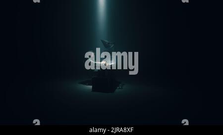 Concept shot of male hacker using computer to access private data while sitting under spotlight in darkness Stock Photo