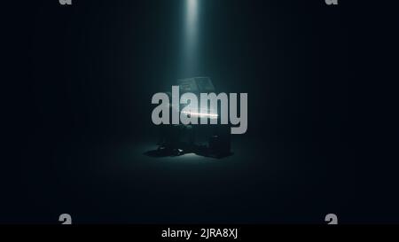 Minimalistic concept shot of male hacker using computer to access private data while sitting under spotlight in darkness Stock Photo
