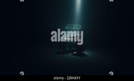 Minimalistic concept shot of male hacker using computer to access private data while sitting under spotlight in darkness Stock Photo