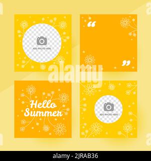 Social media hello summer post template, editable social media template. Background for social media summer design vector. Posts Template. Vector illustration. Flowers sunny yellow design. Stock Vector