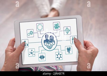 Collaboration concept shown on a tablet held by a woman Stock Photo