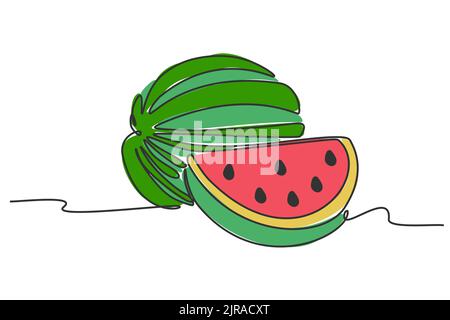 simple flat color continuous one line drawing of watermelon fruit. Vector illustration for natural and healthy living design concept Stock Vector