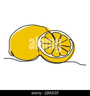 Single continuous line drawing of lemon fruit slice. Simple flat color hand drawn style vector illustration for natural and healthy living concept Stock Vector