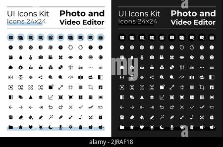 Photo and video editor white glyph ui icons set for for dark, light mode Stock Vector