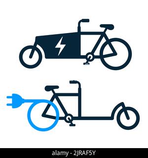 Electric cargo bicycle or e-bike with a charging cable and plug - icon set vector illustration isolated on white Stock Vector