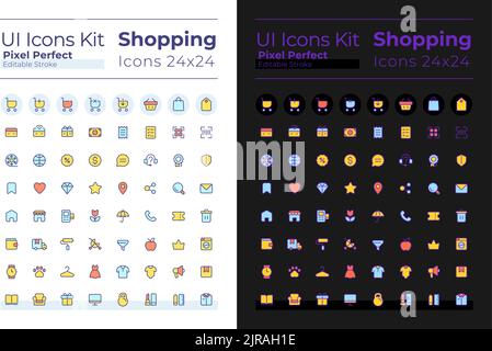 Shopping pixel perfect RGB color ui icons set for dark, light mode Stock Vector