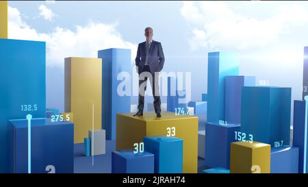 Zoom out view of confident middle aged businessman in elegant suit walking amidst various financial charts representing economic growth Stock Photo