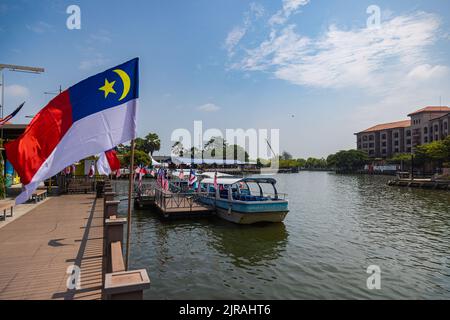 Malacca, Malaysia - August 10, 2022: The flag of the Malaysian state Malacca. Before Independence Day, the Hari Merdeka or Merdeka Day, all cities are Stock Photo