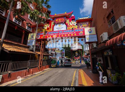 Malacca, Malaysia - August 10, 2022:  Jonker street or Jonker walk in the center of Melaka, the Chinatown area. At night the street turns into a night Stock Photo