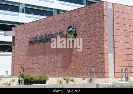 SANTA ANA, CALIFORNIA - 22 AUG 2022: Closeup of the sign at the The Orange County Hall of Administration building North in the Civic Center area of Do Stock Photo