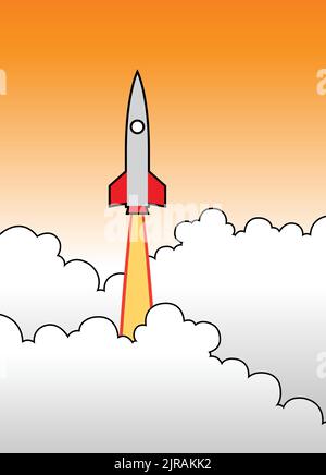 Illustration of a Rocket Launching and Flying into the Orange Sky Stock Vector