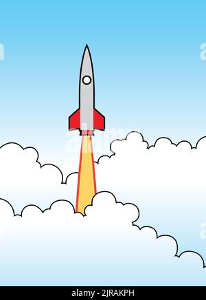 Illustration of a Rocket Launching and Flying into the Blue Sky Stock Vector