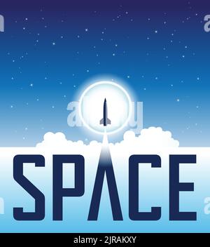 Illustration of Space Poster of a Launching Rocket Over a Blue Night Sky Stock Vector