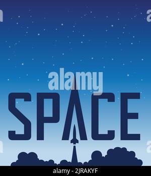Illustration of Space Poster of a Rocket Launch on a Blue Starry Night Stock Vector
