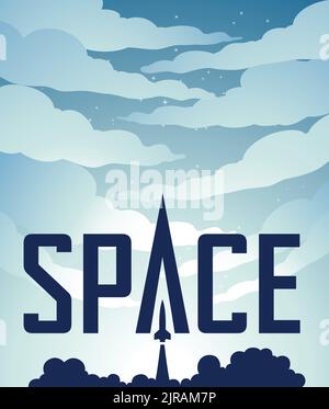 Illustration of Space Poster of a Rocket Launch Over a Greyish Blue Night Sky with Dark Blue Text Stock Vector