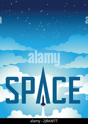 Illustration of Space Poster of Rocket Launch Over a Blue Starry Night Sky Stock Vector