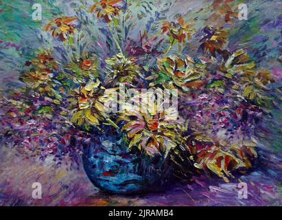 Art painting oil color flower in vase Stock Photo