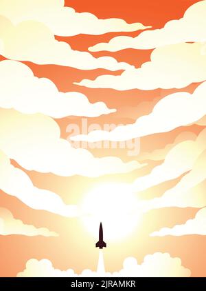 Illustration of Space Poster of Rocket Launch Over Cloudy Orange Sky Stock Vector