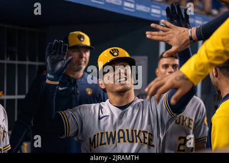 Milwaukee Brewers' Luis Urias of a baseball game against the San Diego  Padres Monday, April 19, 2021, in San Diego. (AP Photo/Gregory Bull Stock  Photo - Alamy