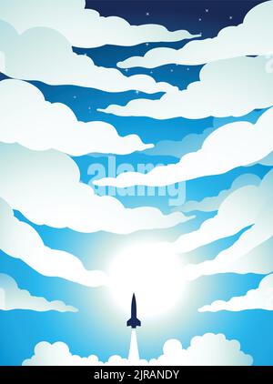 Illustration of Space Poster of Rocket Launch Over a Cloudy Blue Sky Stock Vector