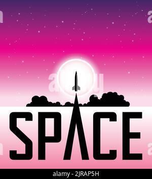 Illustration of Space Poster of Rocket Launching Over Pink Night Sky and the Moon Stock Vector