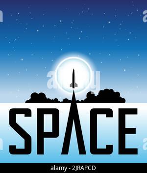Illustration of Space Poster of Rocket Launching Over Blue Night Sky and the Moon Stock Vector