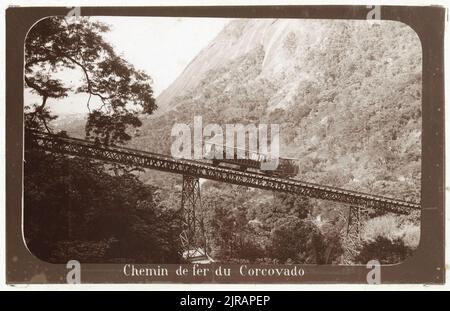 The Corcovado Rack Railway over the Silvestre Bridge, Rio de Janeiro, Brazil, circa 1890. The caption under the image reads 'Chemin de fer Corcovado.' Photography by Marc Ferrez (1843 - 1923). Stock Photo