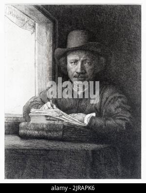 'Self-Portrait Etching at a Window,' 1648 / 1878. Heliogravure by Charles Amand-Durand (1831 - 1905) heliogravure, 1878 after etching by Rembrandt Harmenszoon van Rijn (1606 - 1669), 1648. Stock Photo