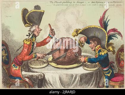 The plumb pudding in danger:- or State Epicures taking un Petit - Souper, 1805, by James Gillray. Stock Photo