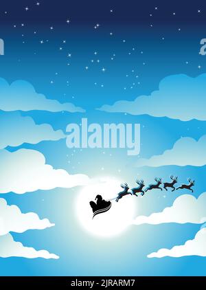 Illustration of Santa and Cloudy Blue Night Sky with a Bright Moon Stock Vector