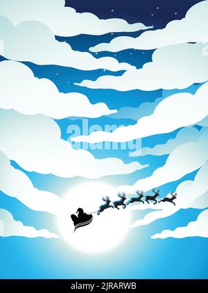 Illustration of Santa and Cloudy Blue Sky with Bright Moon Light Stock Vector
