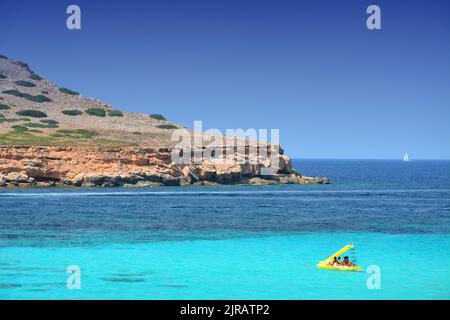 Ibiza, Cala Comte beach and bay scenic sea view. Summer vacation in Ibiza island, Spain. Stock Photo
