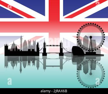 Illustration of London with Extreme Details and Transparency Over Union Jack Flag Stock Vector