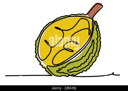 One continuous line drawing of yellow tropical durian fruits. Simple flat color hand drawn style vector illustration for natural and healthy living Stock Vector