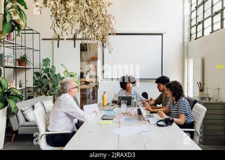 Multiracial business colleagues discussing with each other sitting at table in office Stock Photo