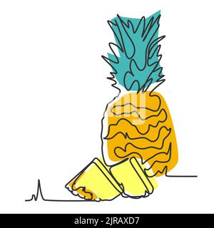 Single continuous line drawing of pineapple fruit. Simple flat color hand drawn style vector illustration for natural and healthy Stock Vector