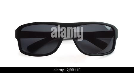 Front view of folded black classic polarized sunglasses isolated on white Stock Photo