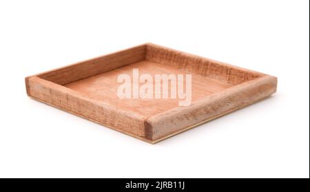 Empty wooden packaging tray isolated on white Stock Photo