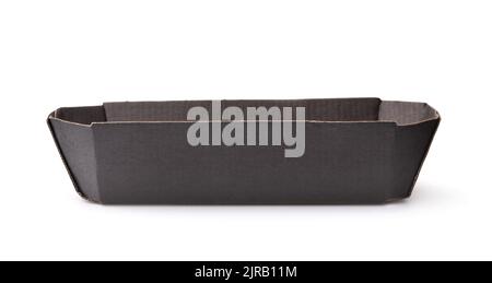 Side view of empty disposable black paper fast food tray isolated on white Stock Photo