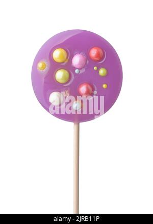 Front view of purple round lollipop candy isolated on white Stock Photo