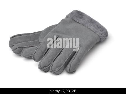 Pair of gray winter warm gloves isolated on white Stock Photo