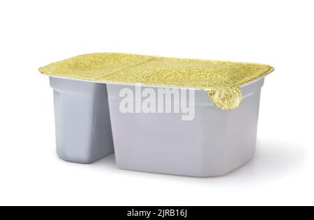 Plastic disposable two compartment food container with foil cover isolated on white Stock Photo