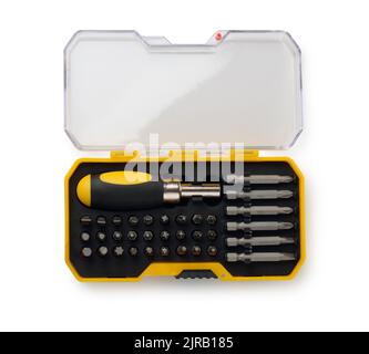 Top view of impact torsion screwdriver bit set in plastic case isolated on white Stock Photo