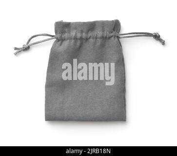 Top view of empty gray fabric drawstring gift bag isolated on white Stock Photo