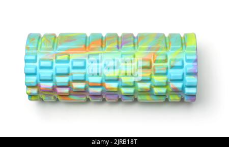 Top view of colorful gym fitness foam roller isolated on white Stock Photo