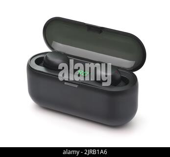 Pair of black true wireless earbuds in charging case isolated on white Stock Photo