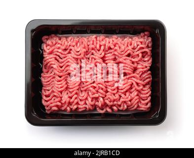 Top view of raw fresh minced beef meat in black plastic tray isolated on white Stock Photo